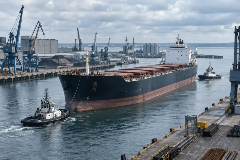 Bulk carrier manoeuvring with tugboats in a working port